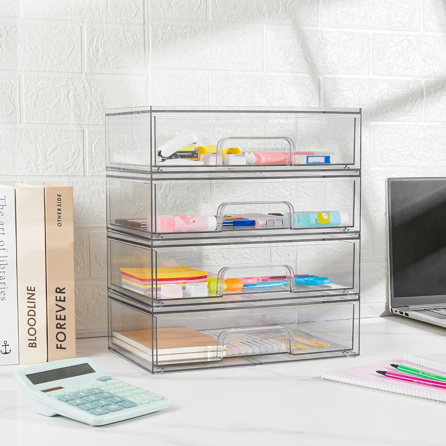 Stackable Clear Storage Drawers 12.1in Acrylic Organizer Bins for Makeup & Cosmetics Set of 2