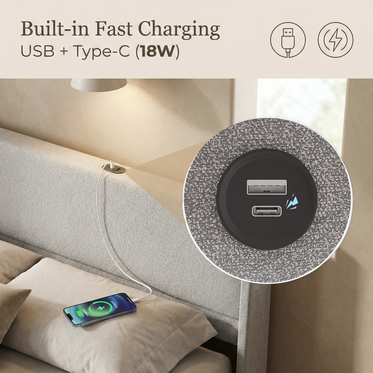 Queen Size Upholstered Bed Frame with USB Ports - Grey