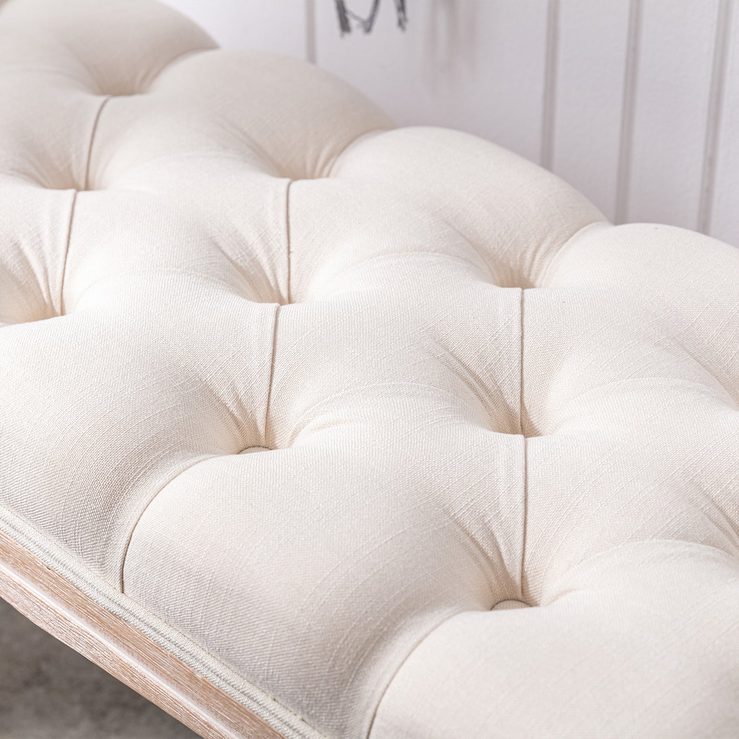 French Vintage Tufted Upholstered Bedroom Bench - Beige