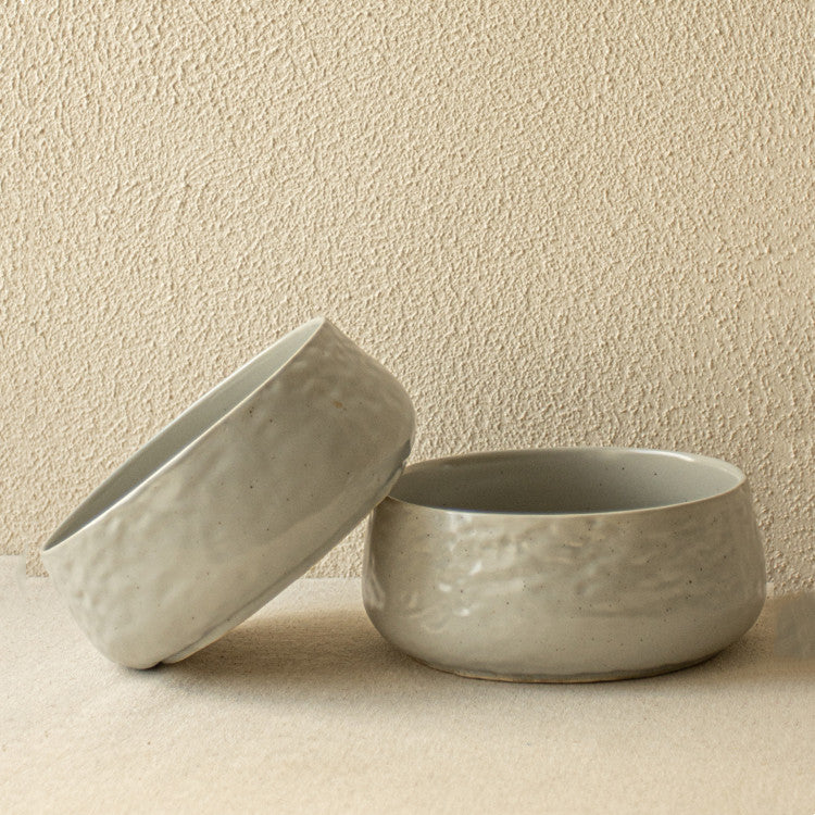 Round Ceramic Fruit Salad Bowl with Ripple Design - Grey