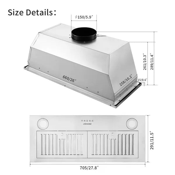 30-Inch Built-In Range Hood 600 CFM Kitchen Vent with LEDs and Convertible Fan