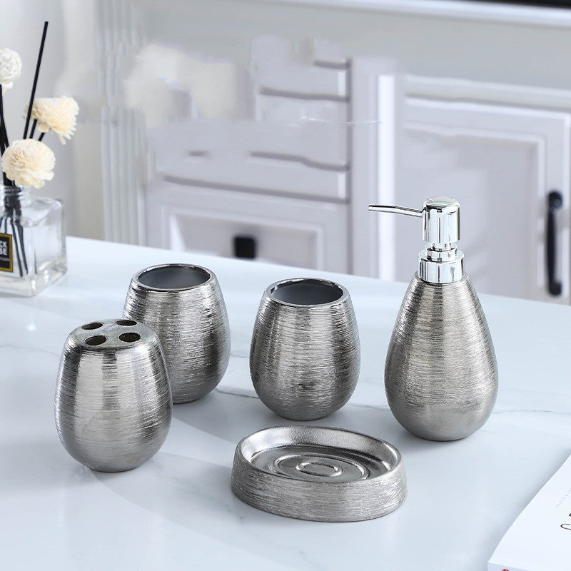 Handmade Vintage Ceramic Bathroom 5-Piece Set - Brushed Silver Finish