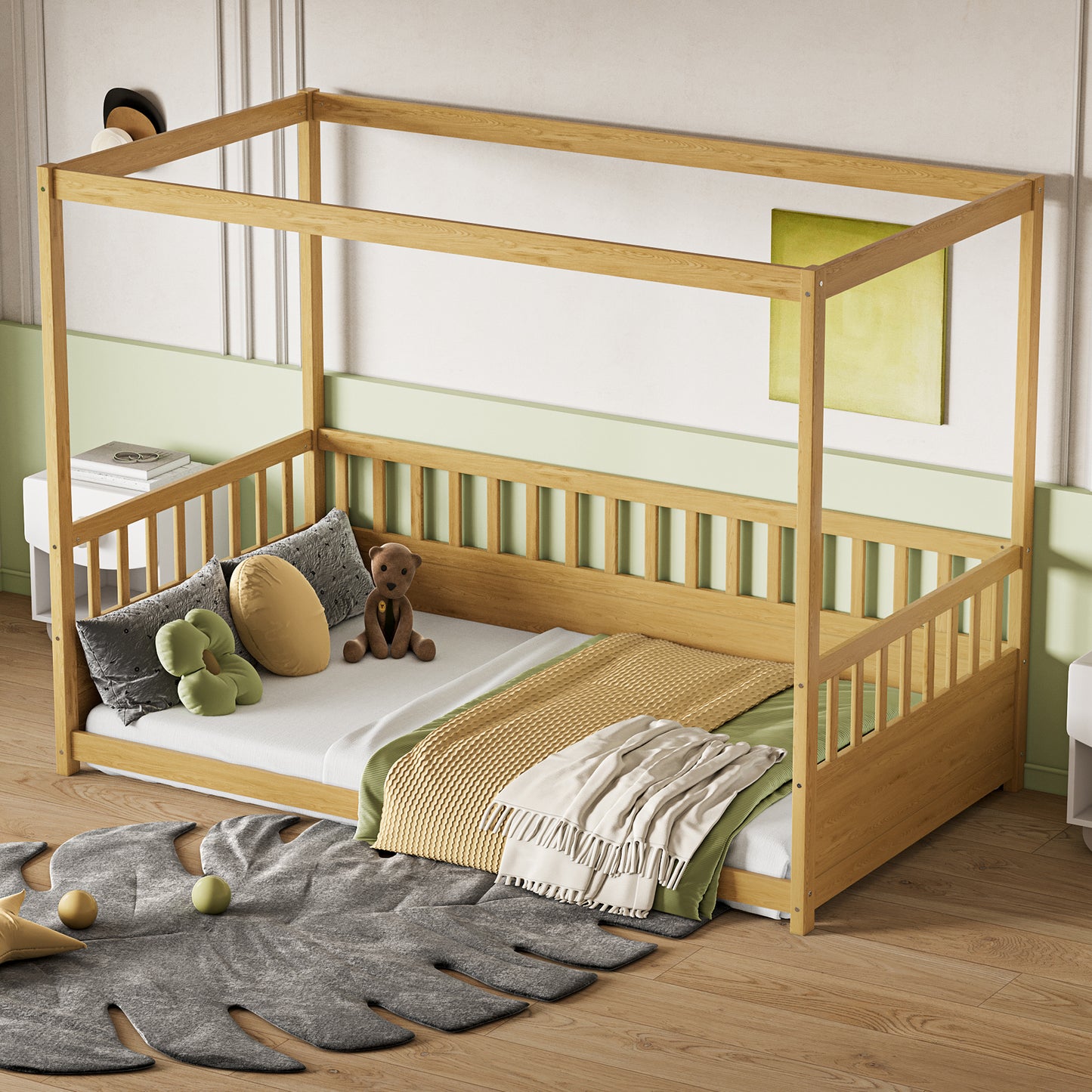 Twin Size Canopy Bed Frame with Guardrails - Natural Wood