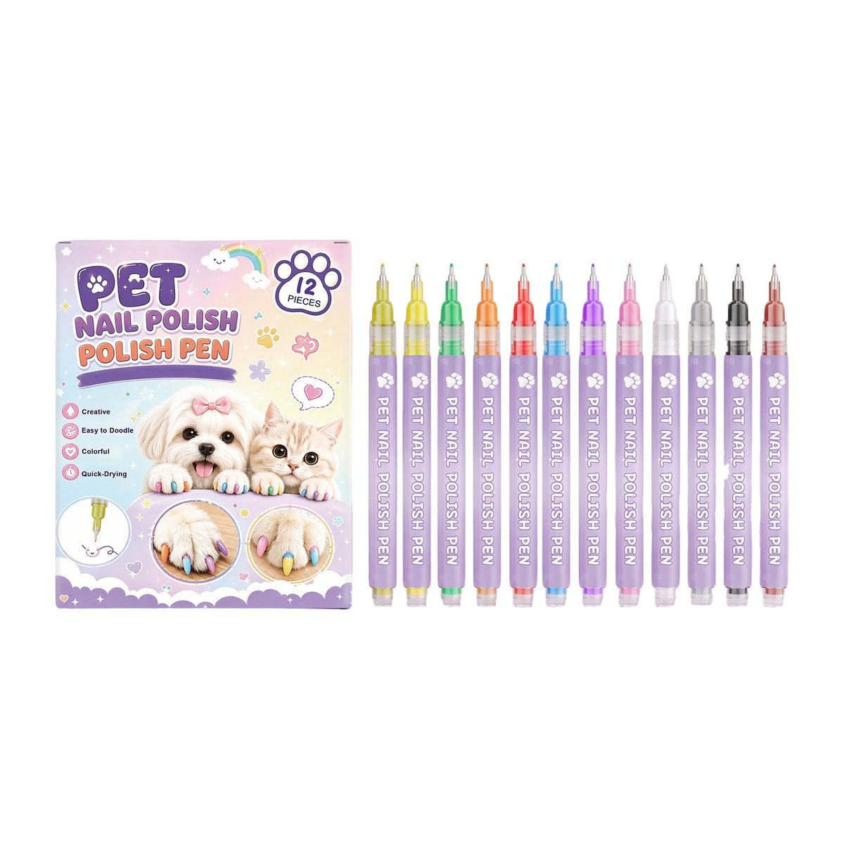 Pet Nail Polish Pen Set - 12 Pieces Dog & Cat Nail Care Tools