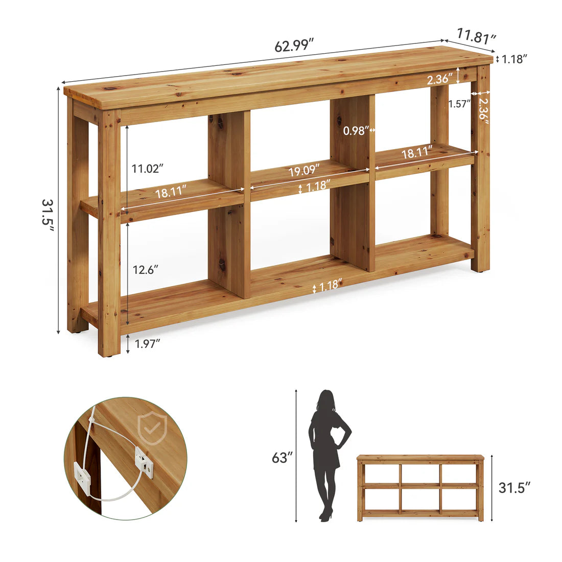 Modern Solid Wood Console Table with Adjustable Shelves - Brown