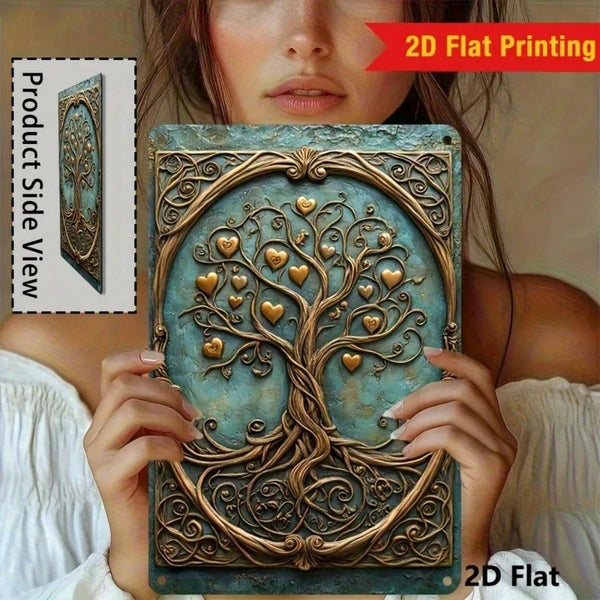 Vintage Tree of Life Metal Wall Art - Turquoise & Gold 8x12in