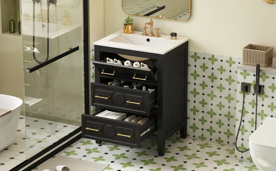 24'' Bathroom Vanity with Ceramic Sink - Black, 3 Drawers