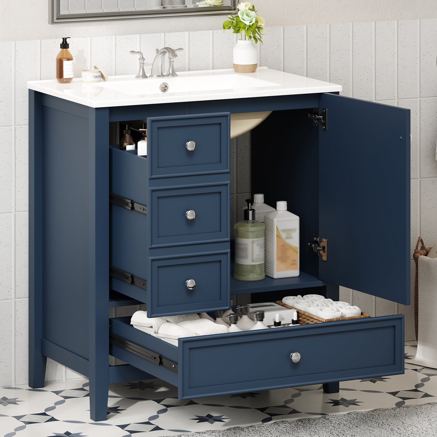 30" Bathroom Vanity with Sink, One Cabinet & Three Drawers - Blue