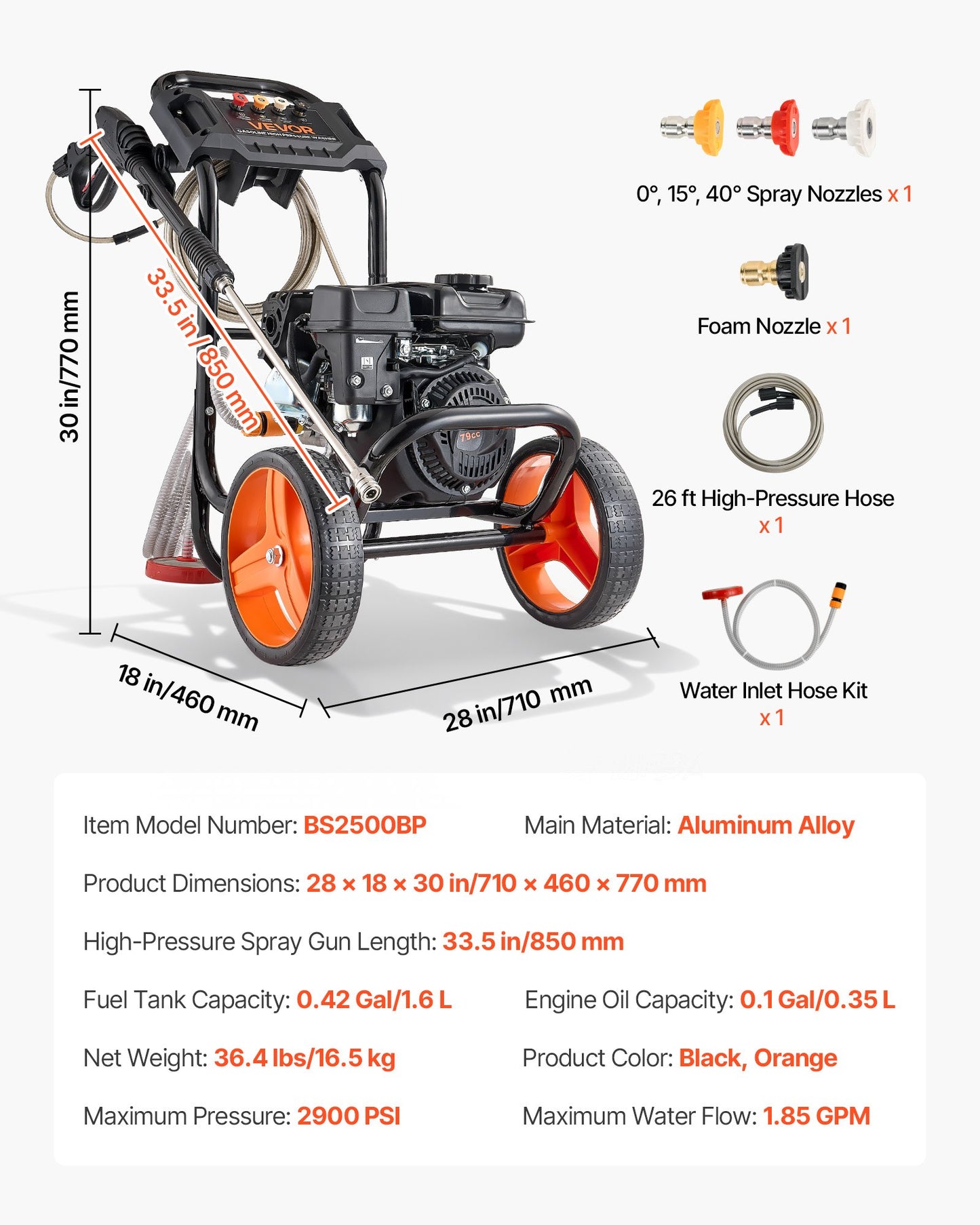 Gas Pressure Washer 2900 PSI 1.85 GPM with Aluminum Pump and 4 Nozzle Set - Black