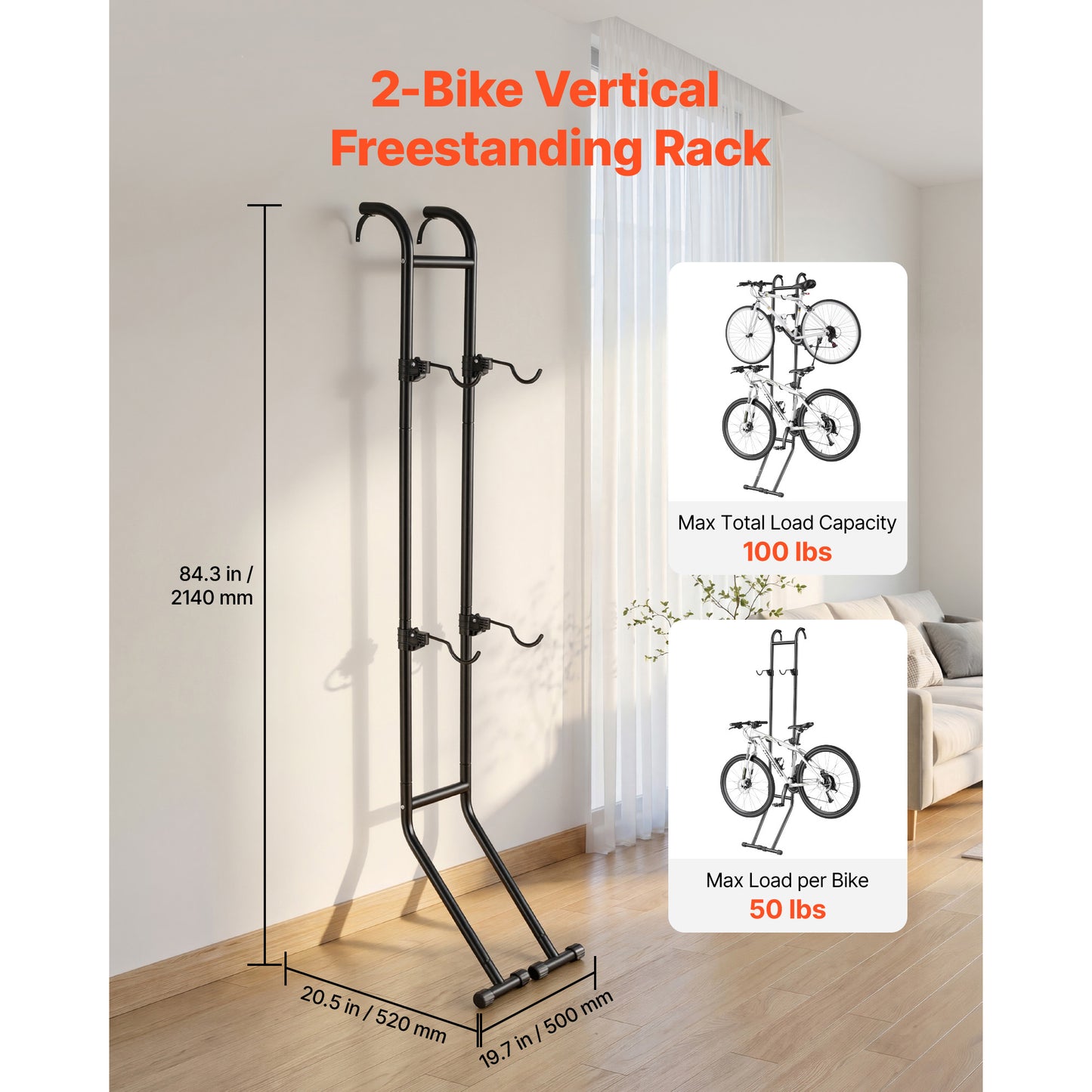 Heavy-Duty Bike Stand for 2 Bikes - Freestanding Vertical Bicycle Storage Rack with Adjustable Hooks, Carbon Steel, Black
