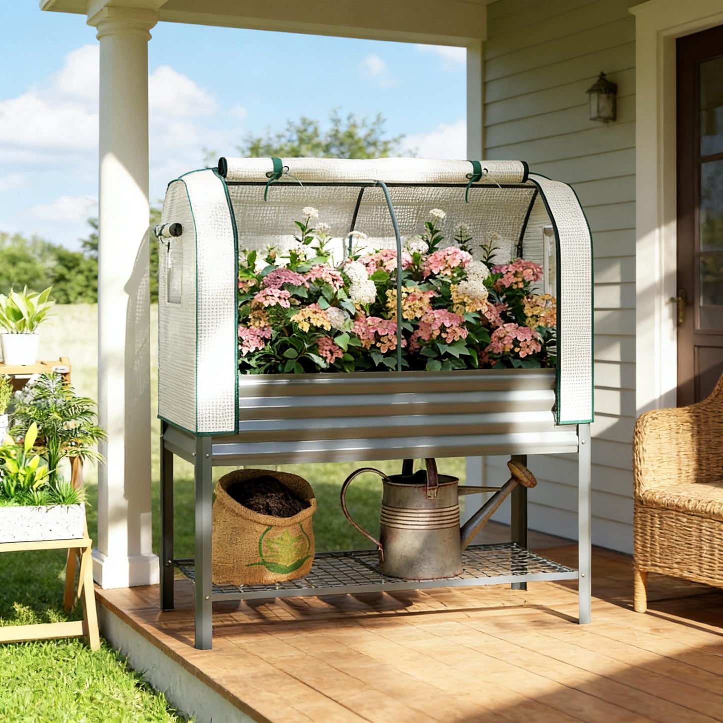 Raised Metal Garden Bed with Greenhouse Cover - Dark Gray