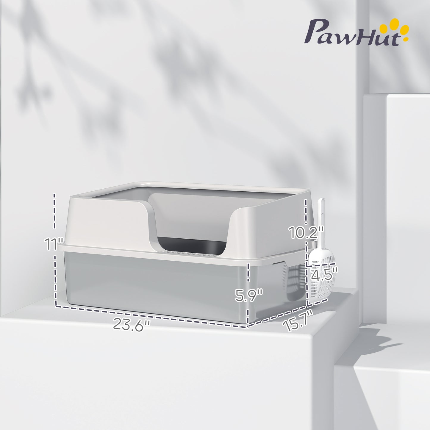 Stainless Steel Cat Litter Box with High Sides & Scoop - Light Gray