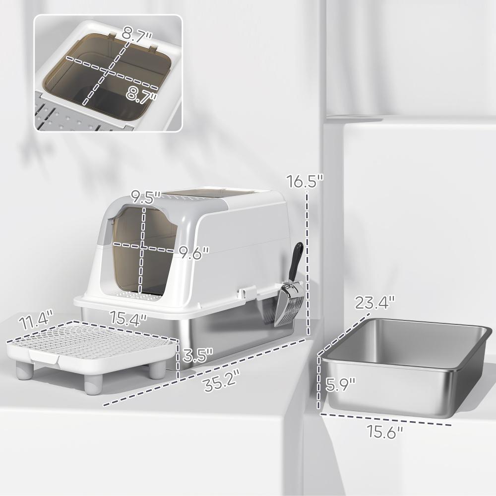 Enclosed Cat Litter Box with Scoop and Deodorizer - Gray/White