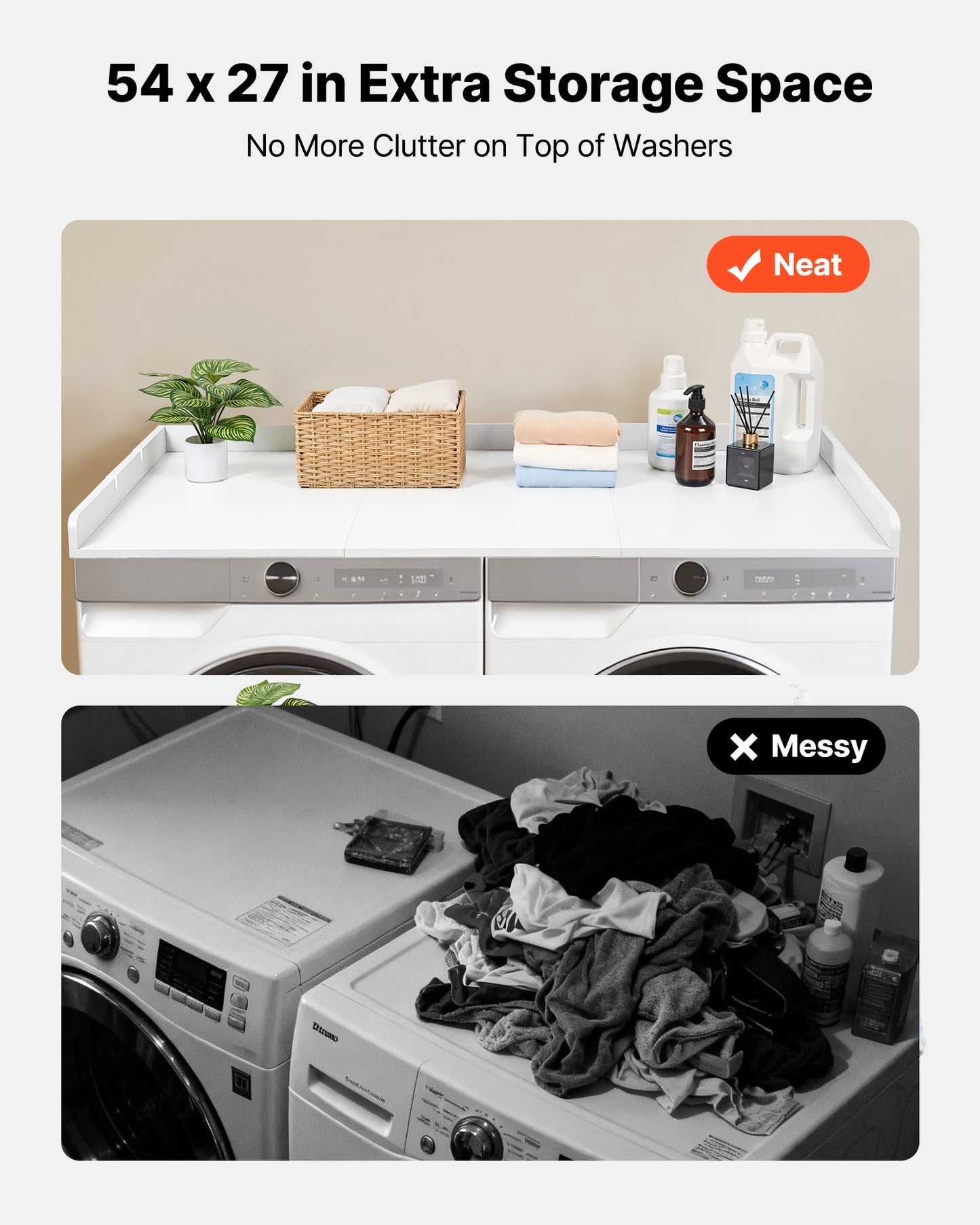 Wooden Washer Dryer Countertop with Edge & Hooks - Water-Resistant Laundry Surface, 54x27.5 in