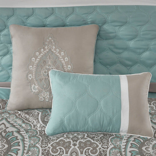 Queen 8 Piece Seafoam Comforter Set - Quilted & Damask Design