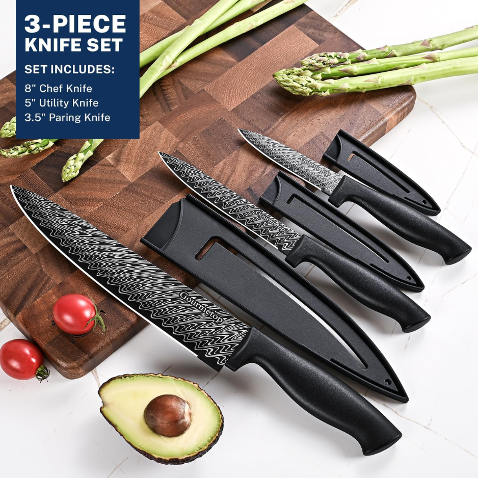 3-Piece Kitchen Knife Set with Blade Covers - Black Damascus Pattern