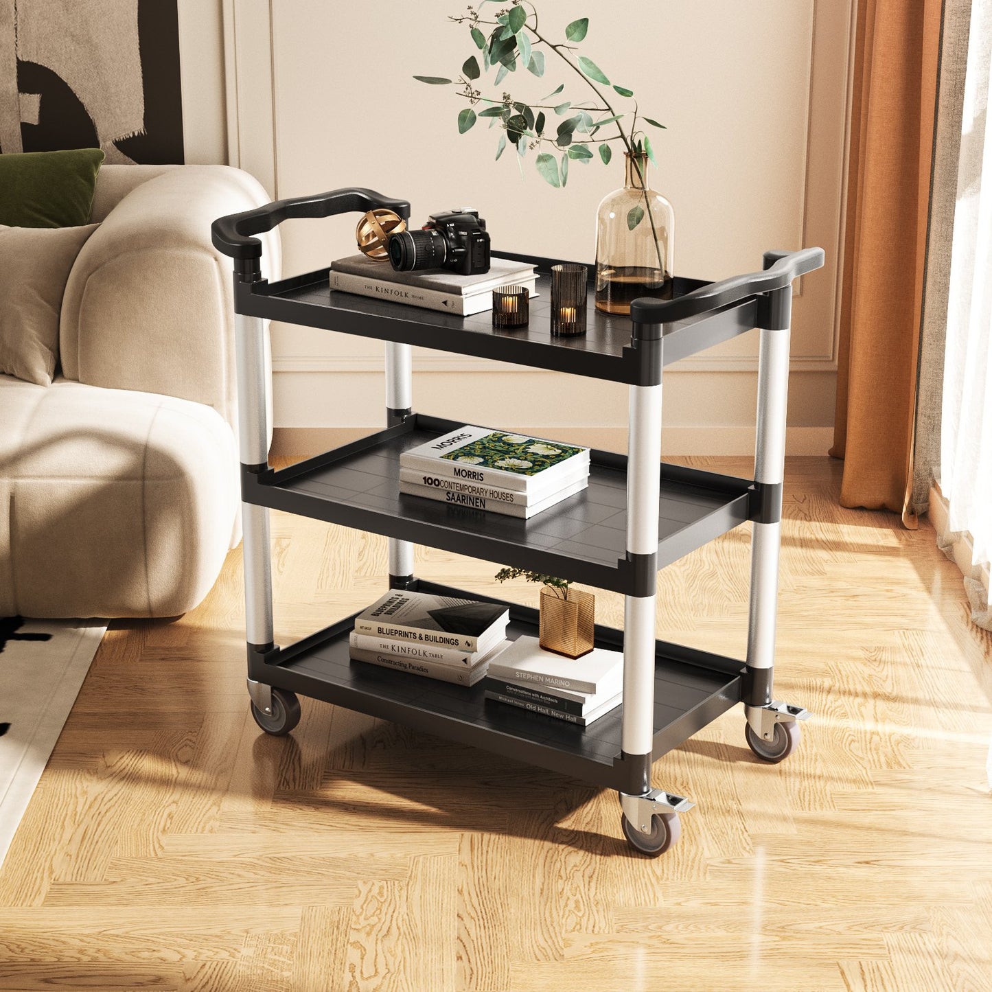 Heavy Duty Utility Cart 300 Lb Capacity 3-Tier Service Cart with Wheels - Black