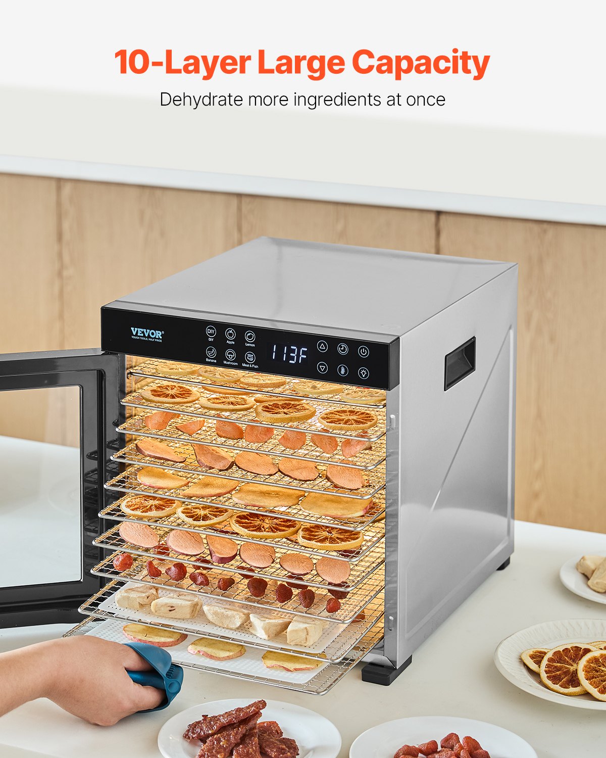 Food Dehydrator Machine 10 Trays Stainless Steel Digital Timer 1000W for Jerky Fruits Vegetables
