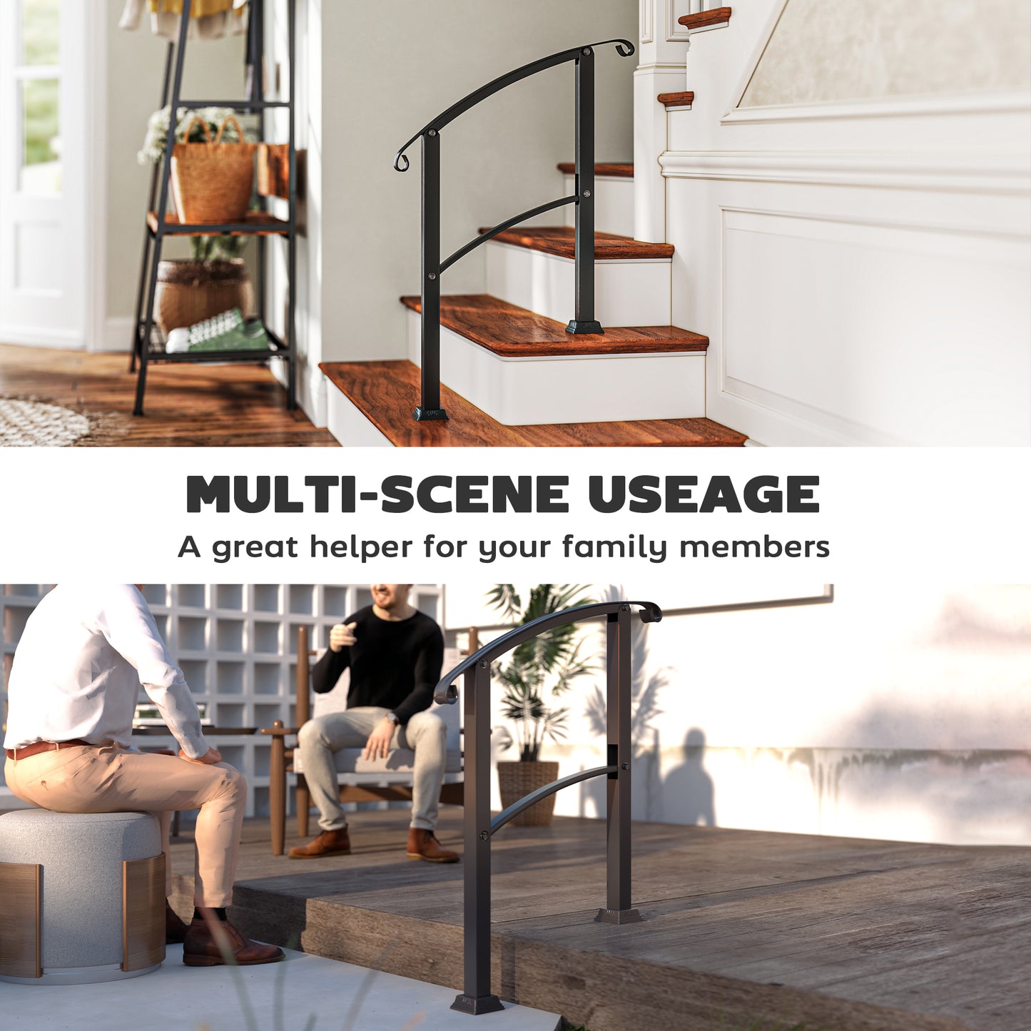 Metal Handrail for Outdoor Steps - Adjustable 0-45°, Black