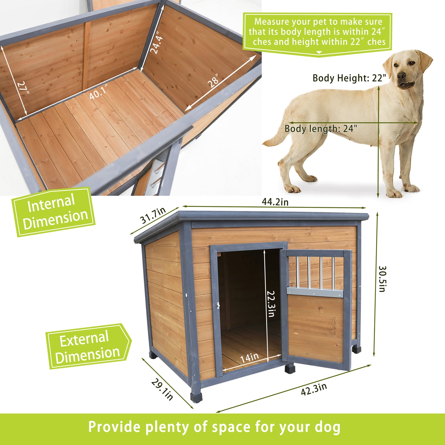 Large Solid Wood Dog House with Waterproof PVC Roof & Breathable Wooden Doors - Gray+Yellow