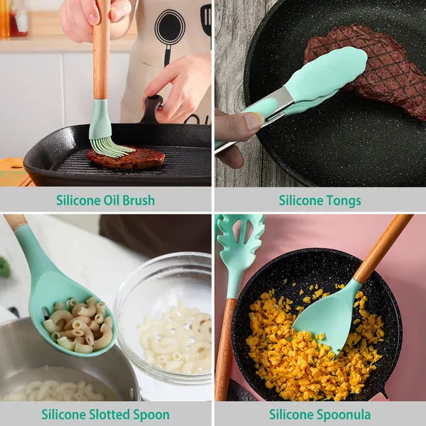 11-Piece Silicone Cooking Utensil Set with Wooden Handles