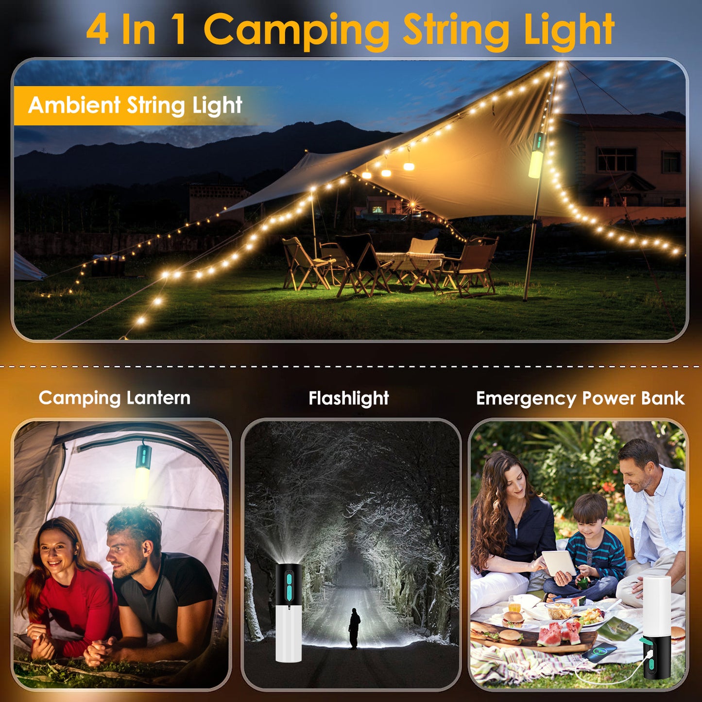 4-in-1 Rechargeable Camping Lantern with 33ft String Light - Black