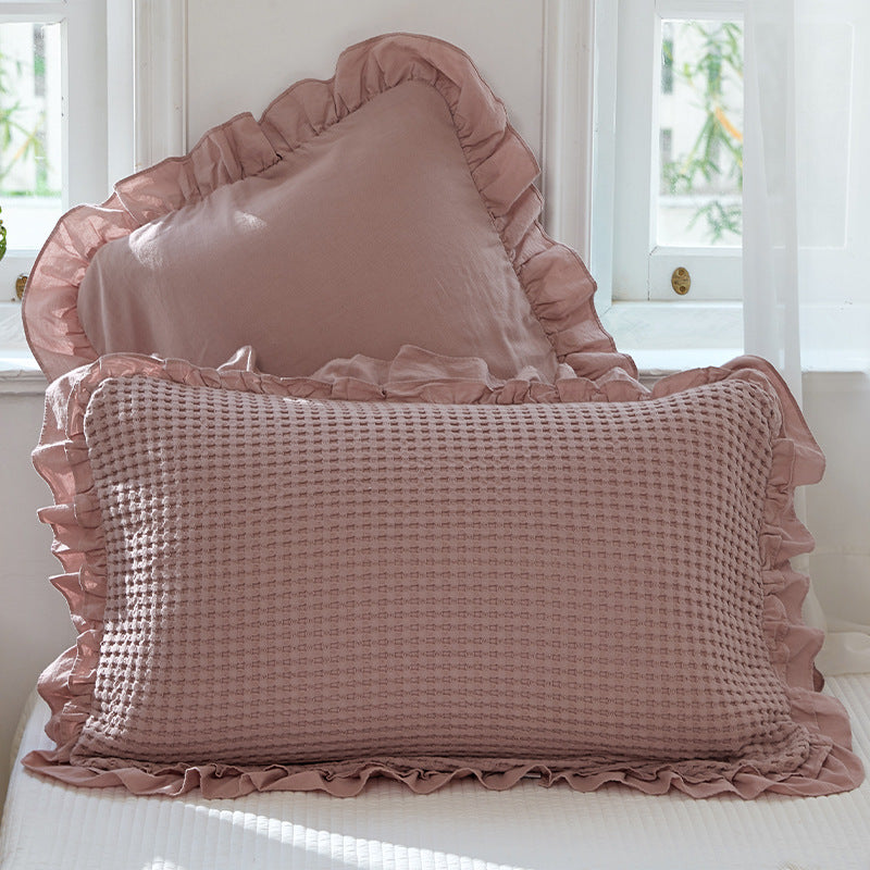 Cotton Waffle Pillowcase Set - Ruffled Single-Piece Bedding for Bedroom