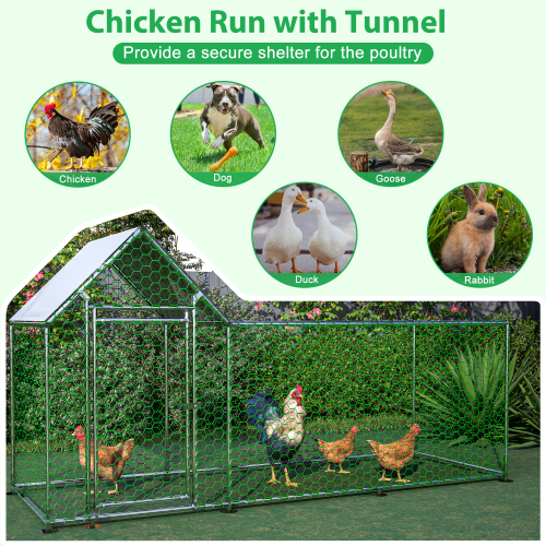 Metal Chicken Coop with Lid - 10x3FT Backyard Poultry Habitat Cage