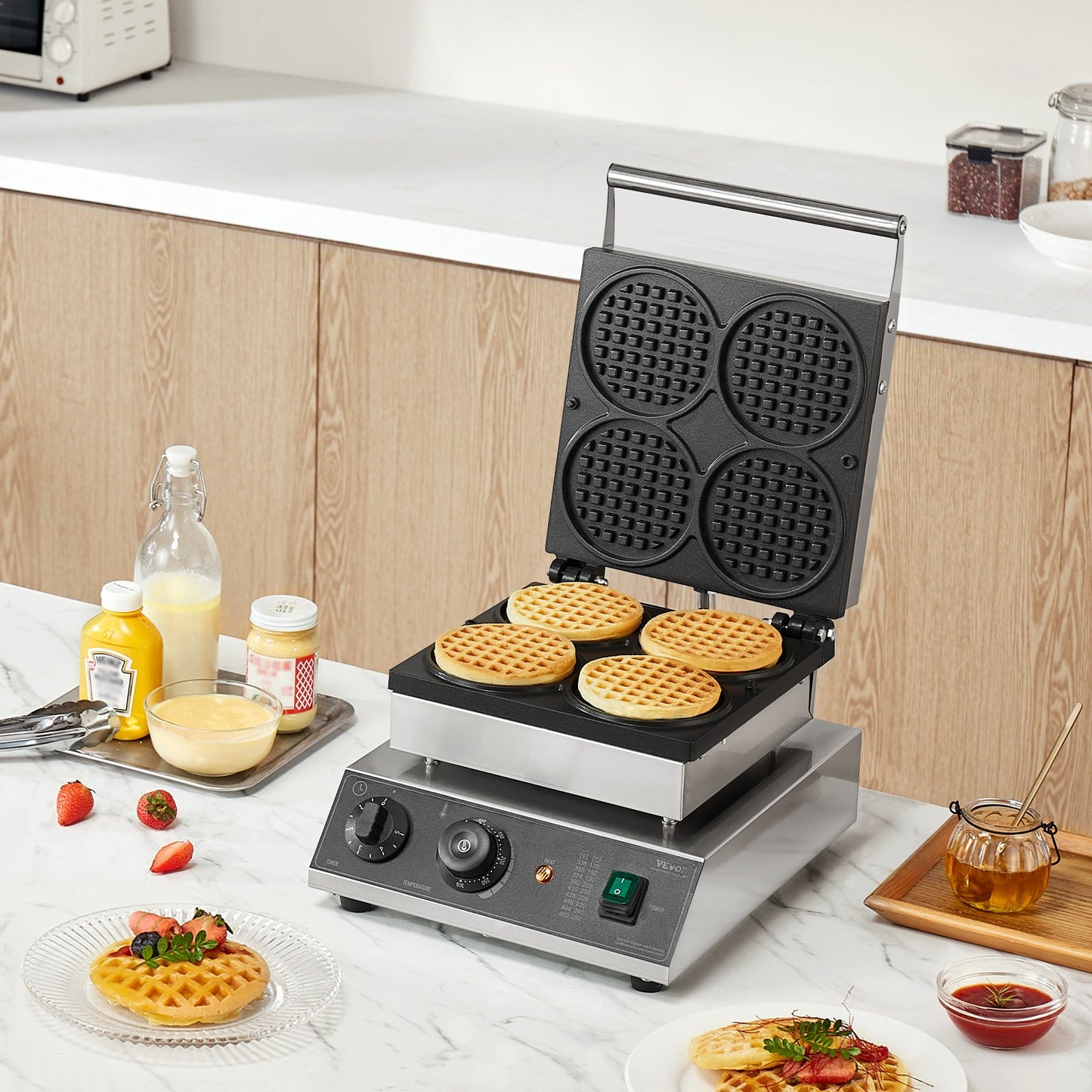 Commercial Waffle Maker 1750W Non-Stick Round Waffle Iron Machine, Professional Kitchen Appliance - Natural
