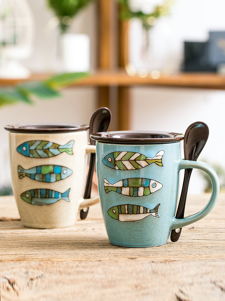 Ceramic Fish Pattern Coffee Cup with Lid and Spoon - 350mL Blue