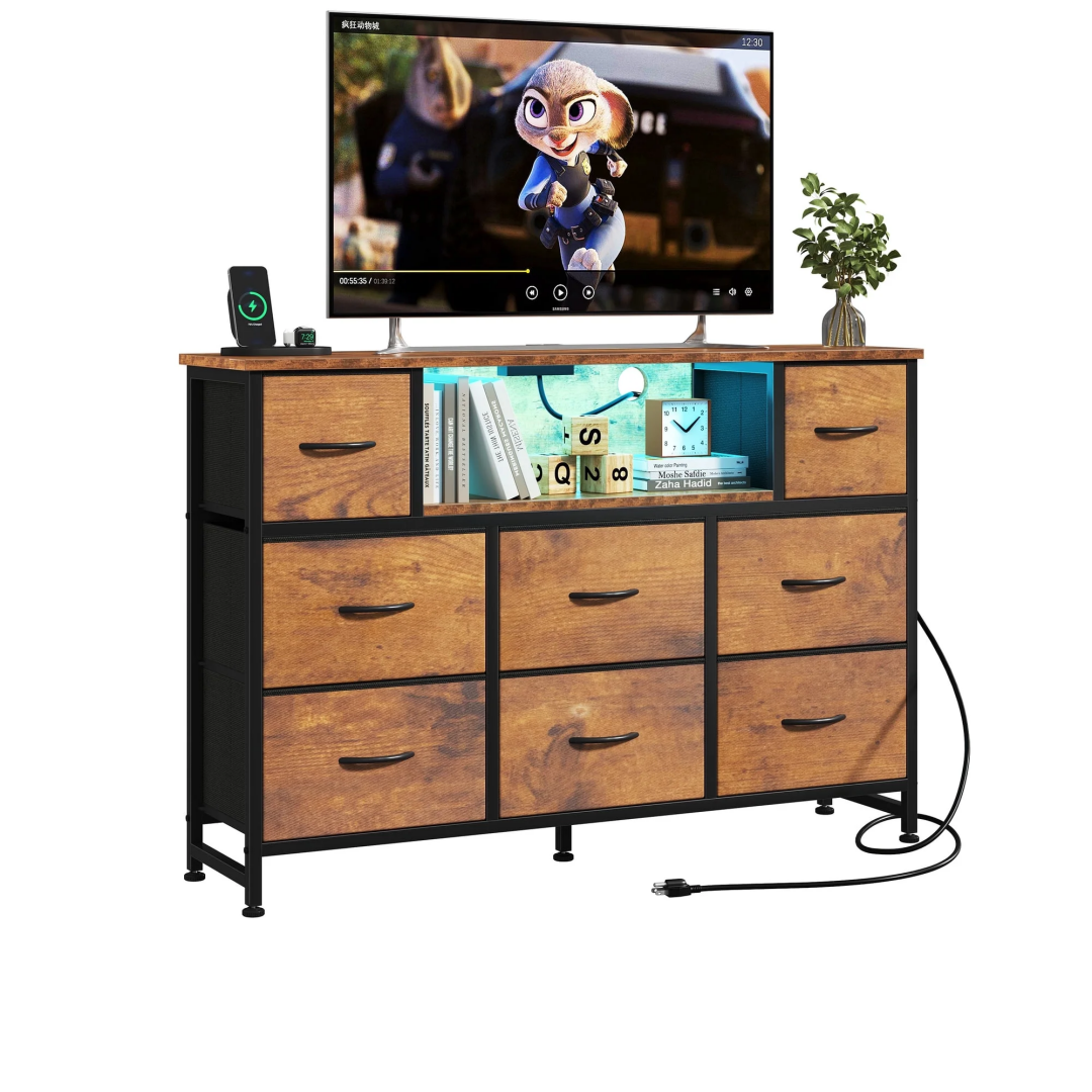 Storage Cabinet with 8 Fabric Drawers and Electrical Socket