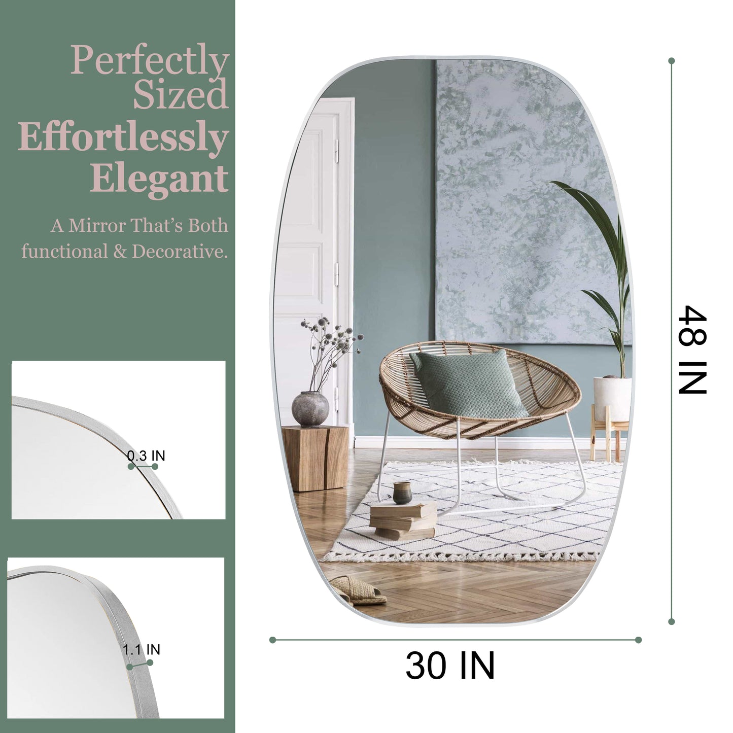 Silver Metal Framed Oval Bathroom Mirror - 30x48 Inches