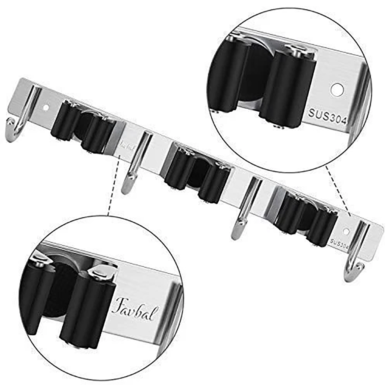 Wall Mounted Broom Mop Holder Organizer Rack with Hooks, Stainless Steel Storage Solution