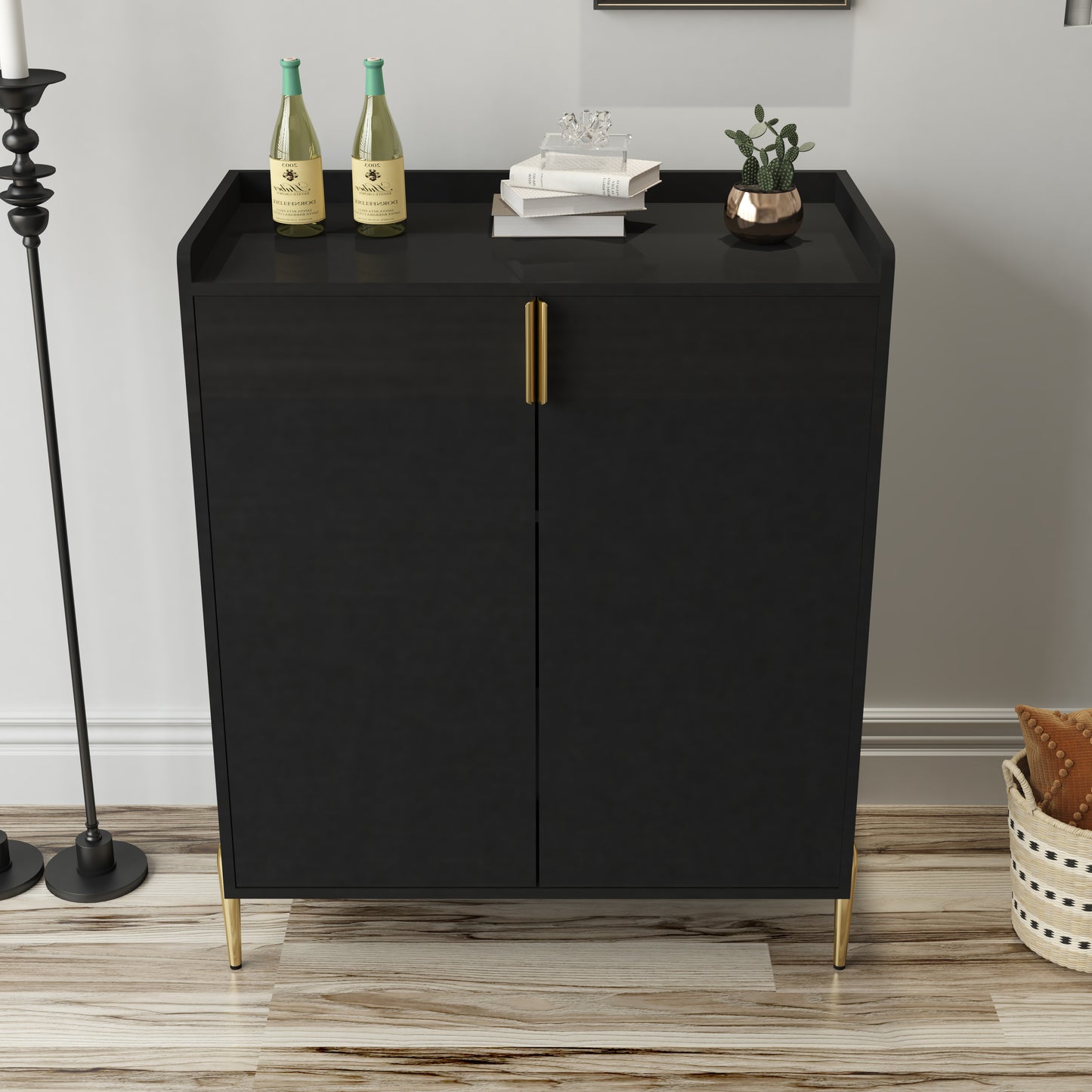 2 Doors Home Wine Bar Cabinet With Rack & Adjustable Storage Shelf,
