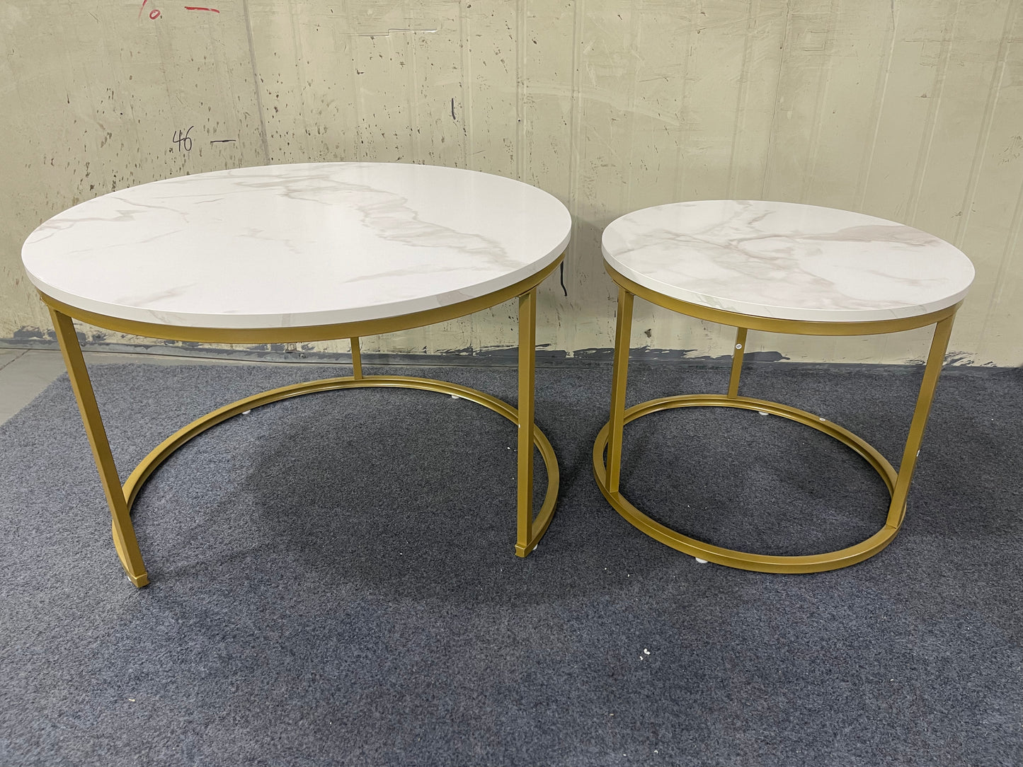 Nesting Coffee Table Set of 2 - Round Wood Marble Pattern - White+Gold