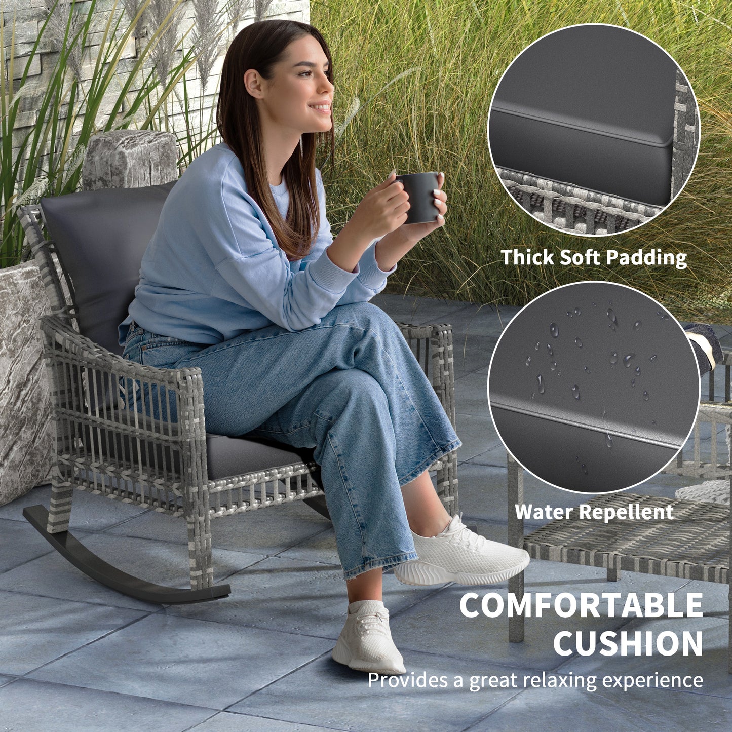 3-Piece Outdoor Rattan Rocker Chair Set with Glass Table - Gray