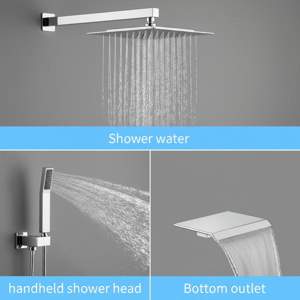 Rain Shower System Chrome 10 Inch Square Rainfall Shower Head with Handheld Sprayer & Tub Spout