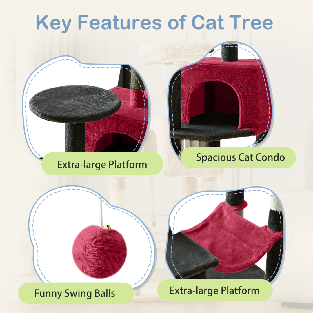 44-Inch Multi-Level Cat Tree Tower with Scratching Posts, Platforms & Hammock