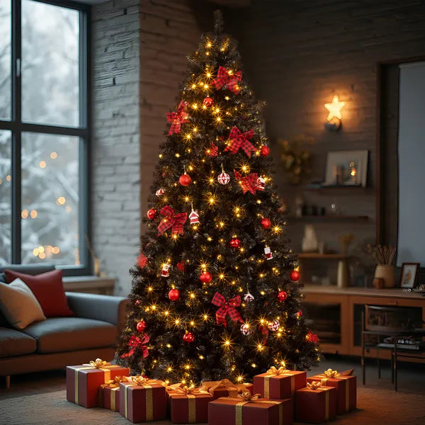 7.5 FT Black Artificial Christmas Tree with 350 LED Lights & Ornaments