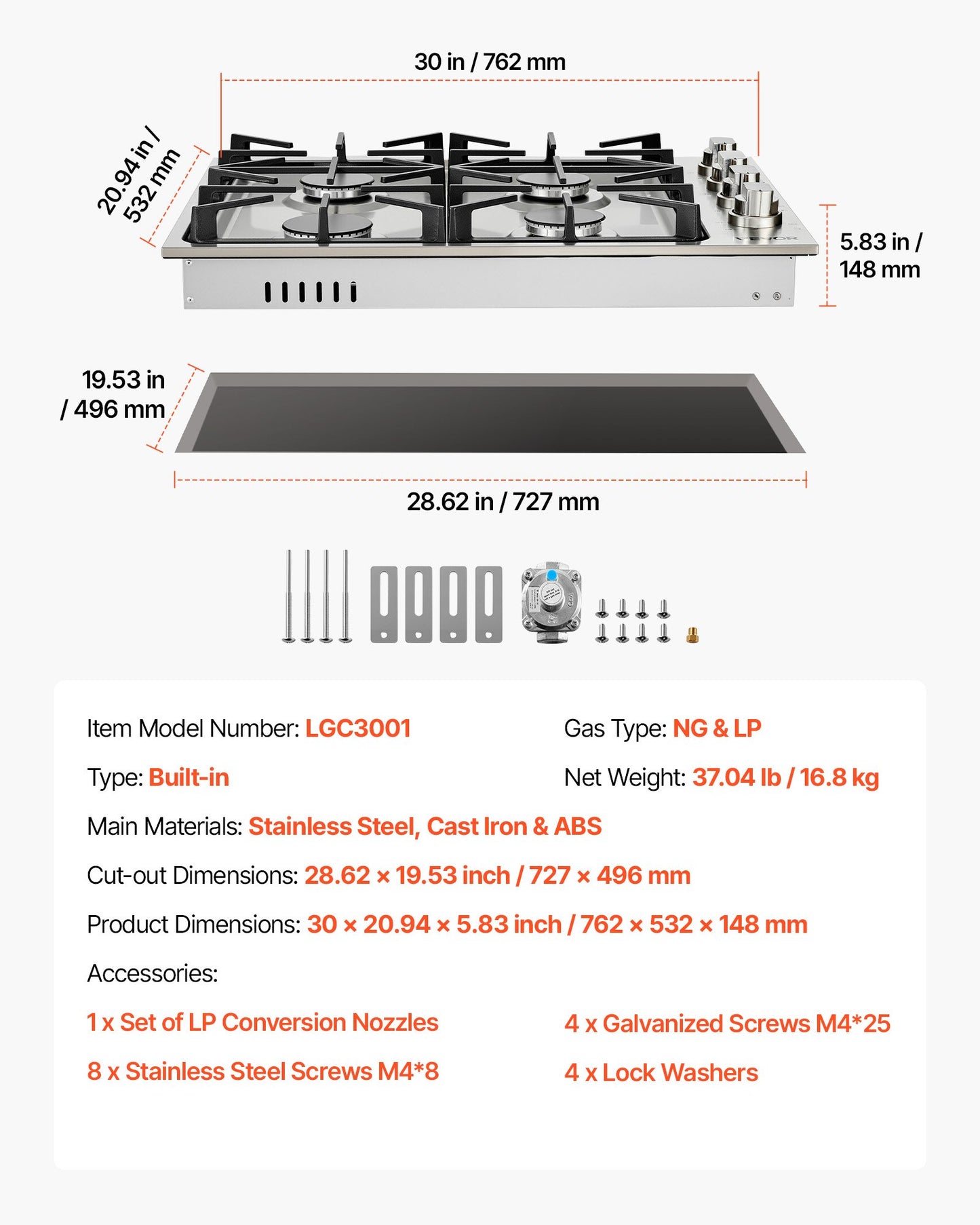 30 Inch Gas Cooktop with 4 Burners, 48,000 BTU, Stainless Steel, Dual Fuel Compatible