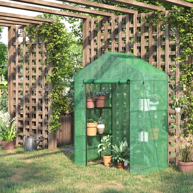 Walk-In Greenhouse with 3 Tiers Shelves, Roll-Up Door & PE Cover - Green