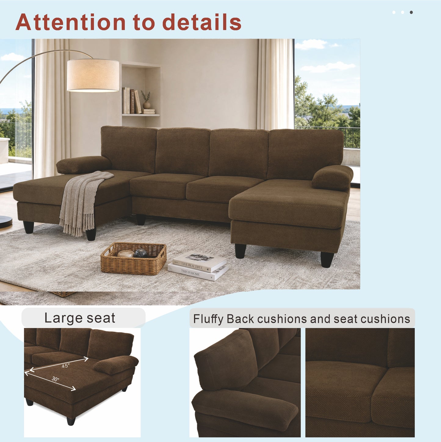Comfortable U-Shaped Sofa with Dual Chaise & Nubby Upholstery - Coffee