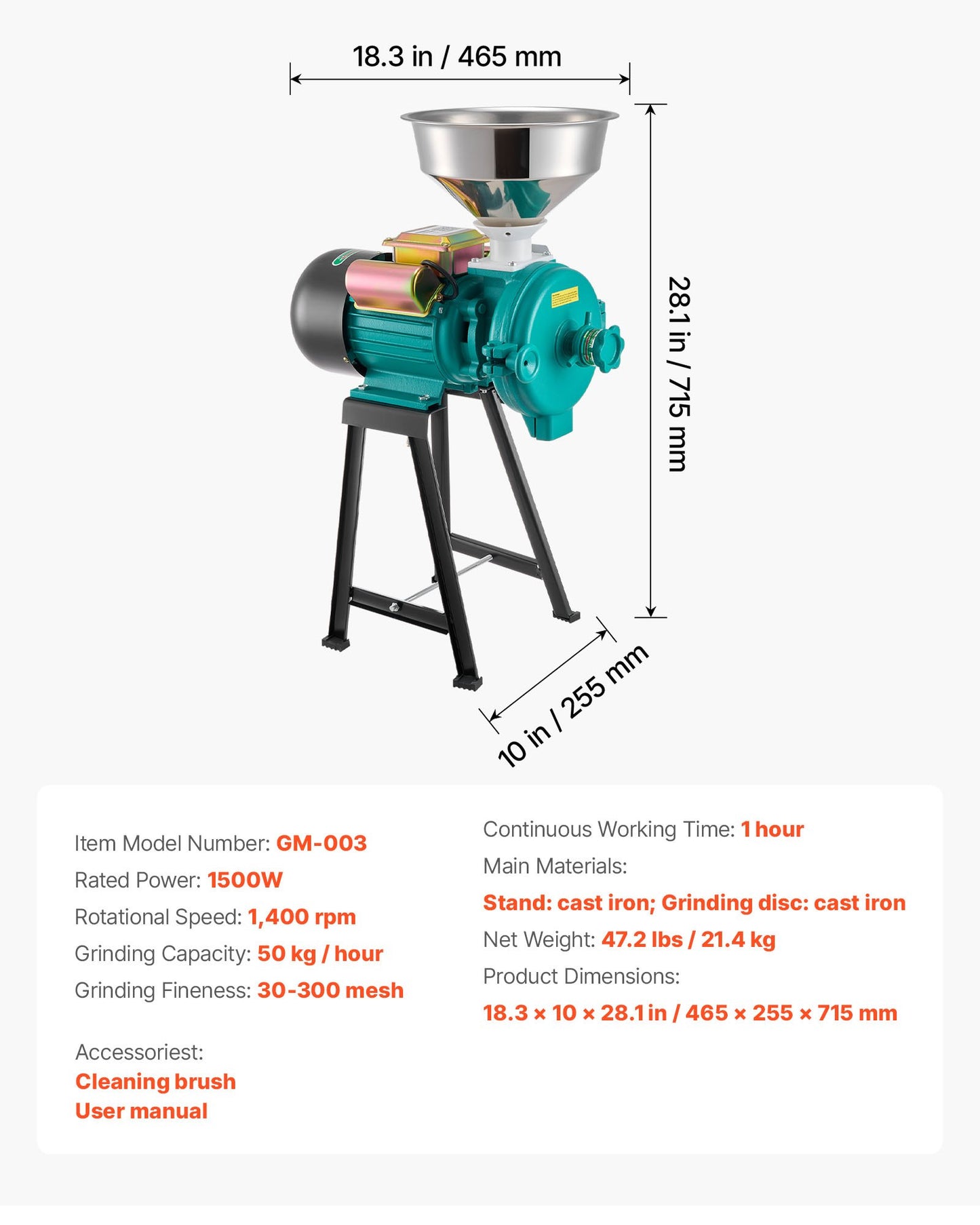 Electric Grain Mill Grinder 1500W Commercial Spice & Cereal Pulverizer - Black