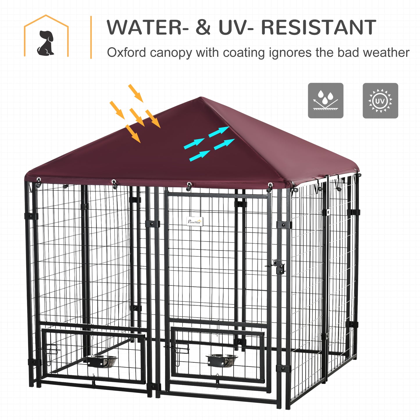 Outdoor Dog Kennel with Rotating Bowls Waterproof Cover 55x55x60in Red