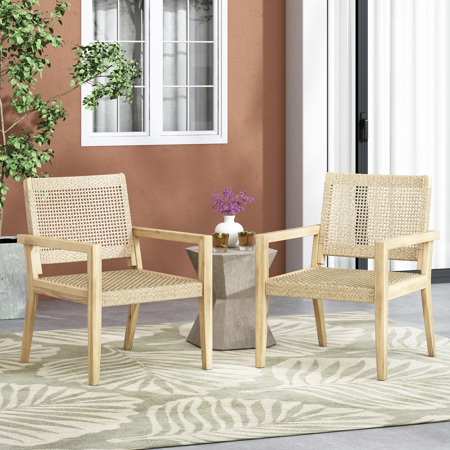 Outdoor Wicker And Acacia Wood Club Chairs, Set Of 2, Light
