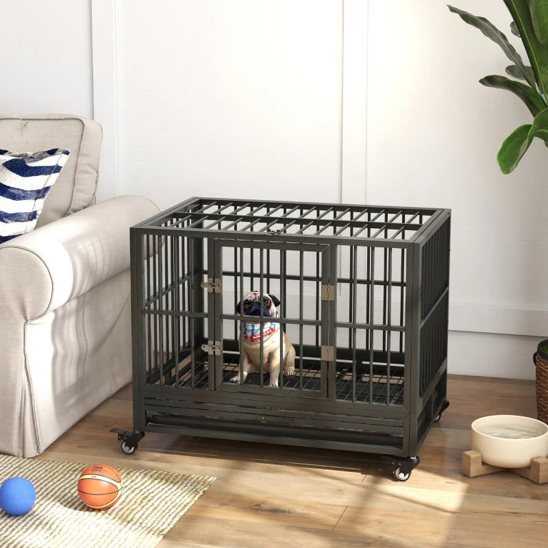 Heavy Duty Metal Dog Crate with Lockable Wheels, Double Doors & Removable Tray - Gray