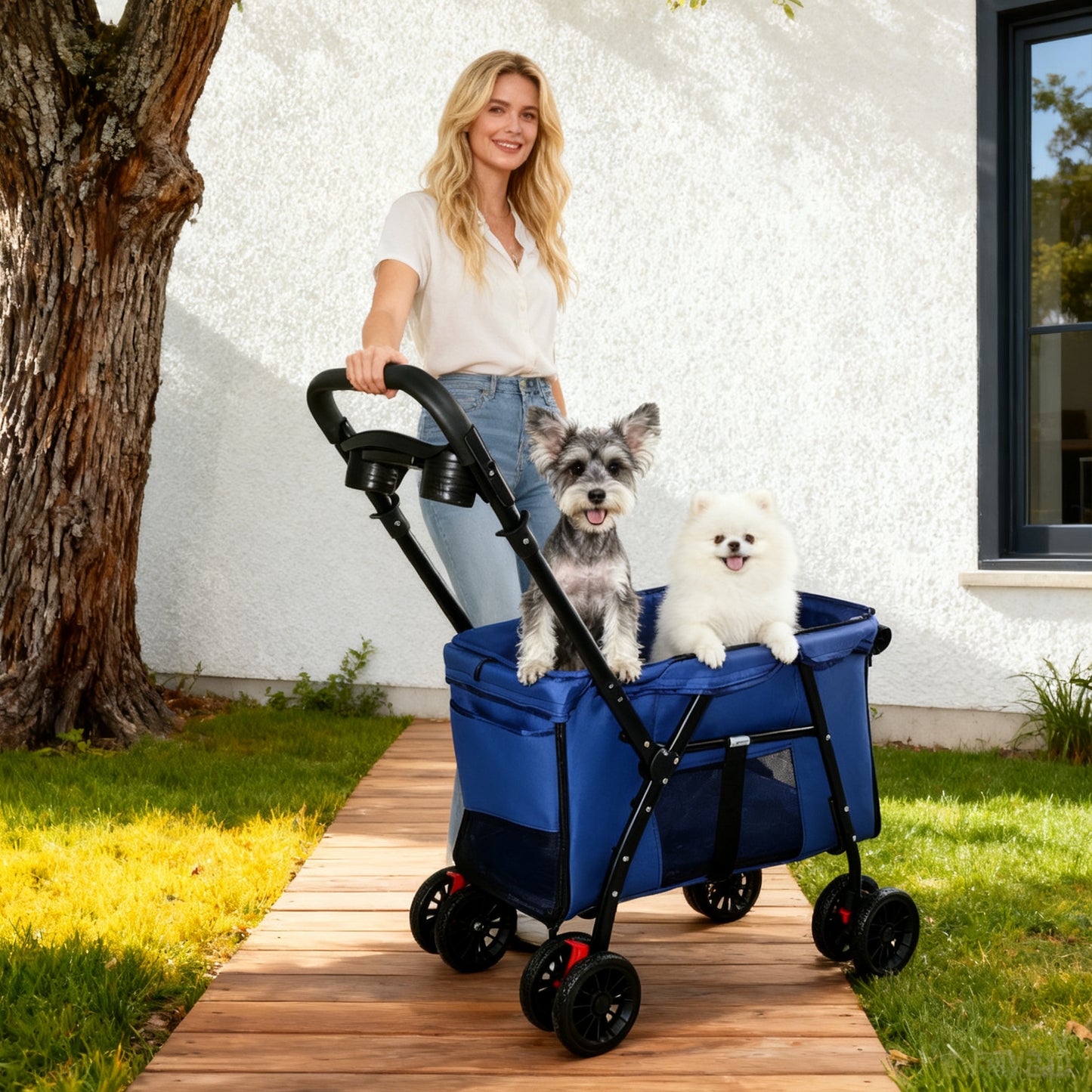 Foldable Pet Stroller with Breathable Mesh & Shockproof Wheels - Navy Blue