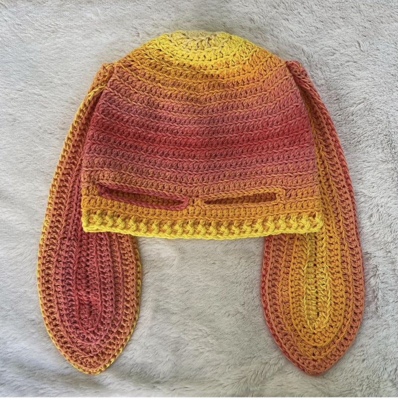 Knitted Rabbit Ear Mask Hat - Funny One-Eye Exposed Horn Thermal & Windproof