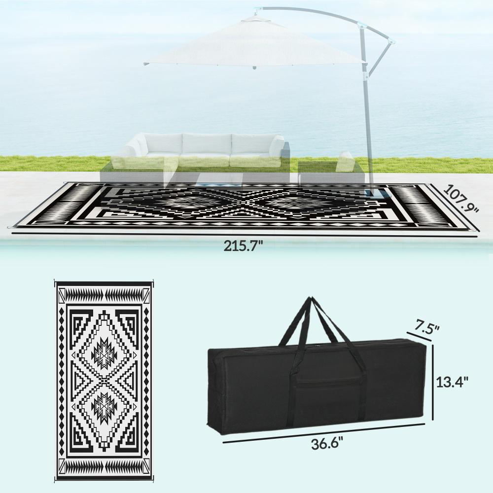 Reversible Waterproof Outdoor Rug - Black & White Patchwork, 9x18