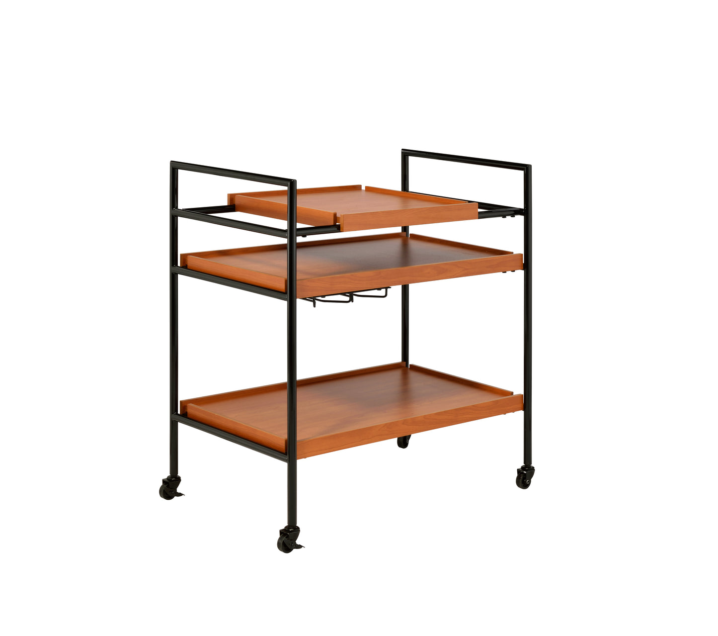 Oaken Honey Oak & Black Serving Cart with Adjustable Trays